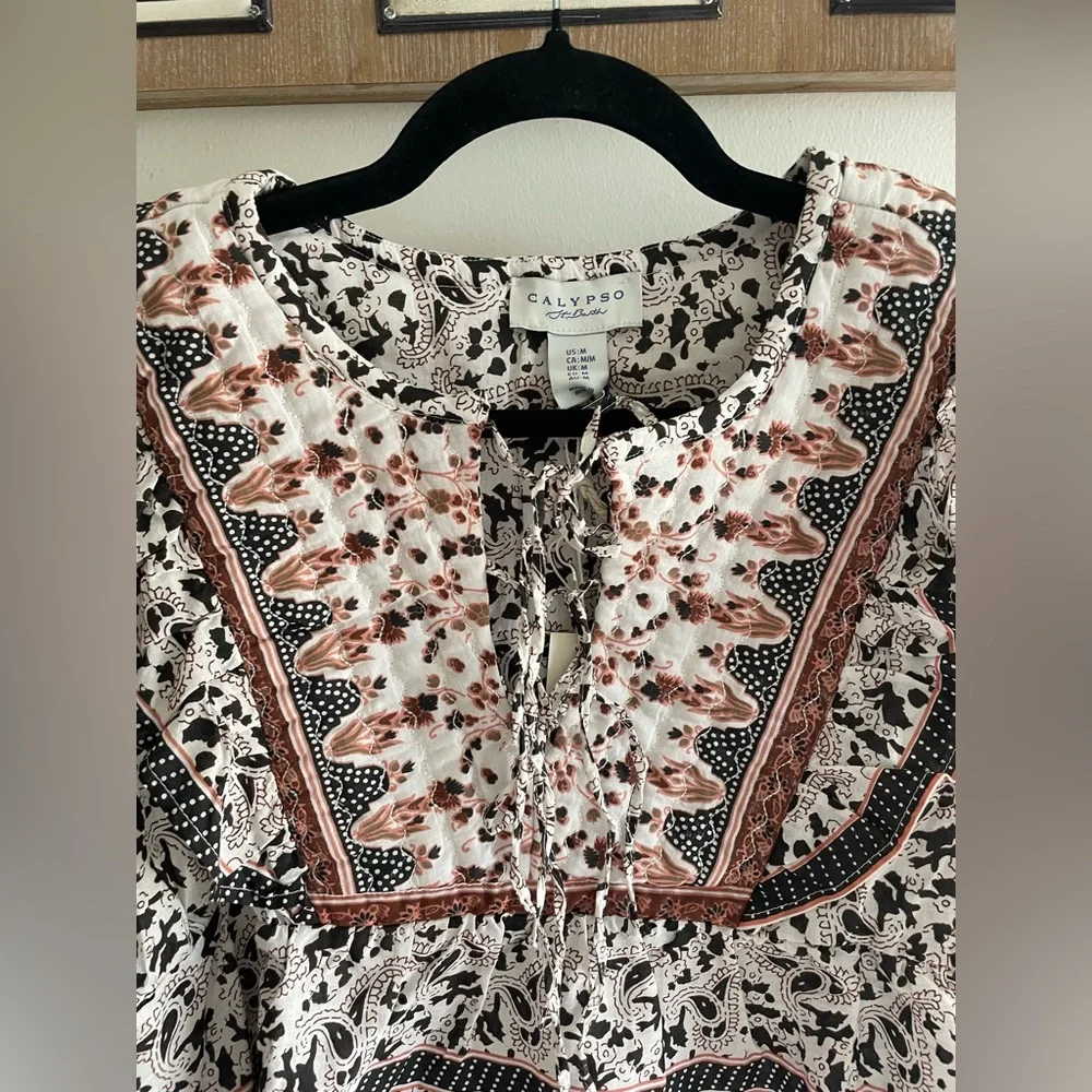 Calypso St. Barth Cream Blouse with Rust and Black Paisley Print - Picture 3 of 8